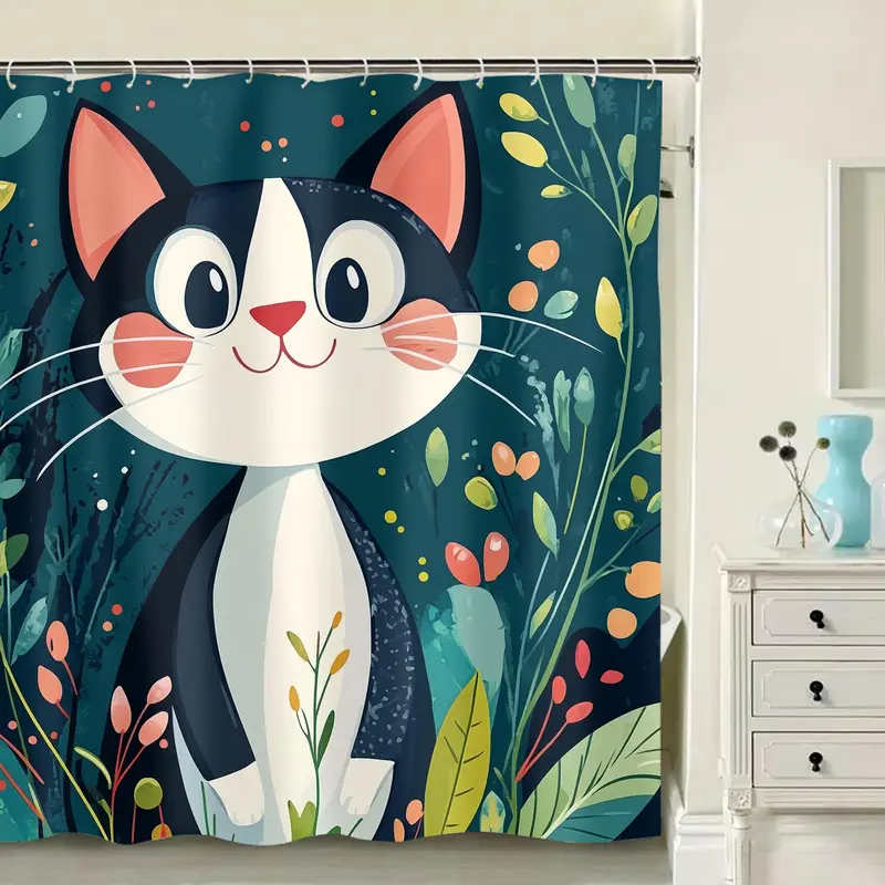 Cat Pattern Bathroom Decor Set, 4 Counts/set Including Shower Curtain & Toilet Lid Cover & Bath Mat & U-shaped Mat, Bathroom Accessories 3