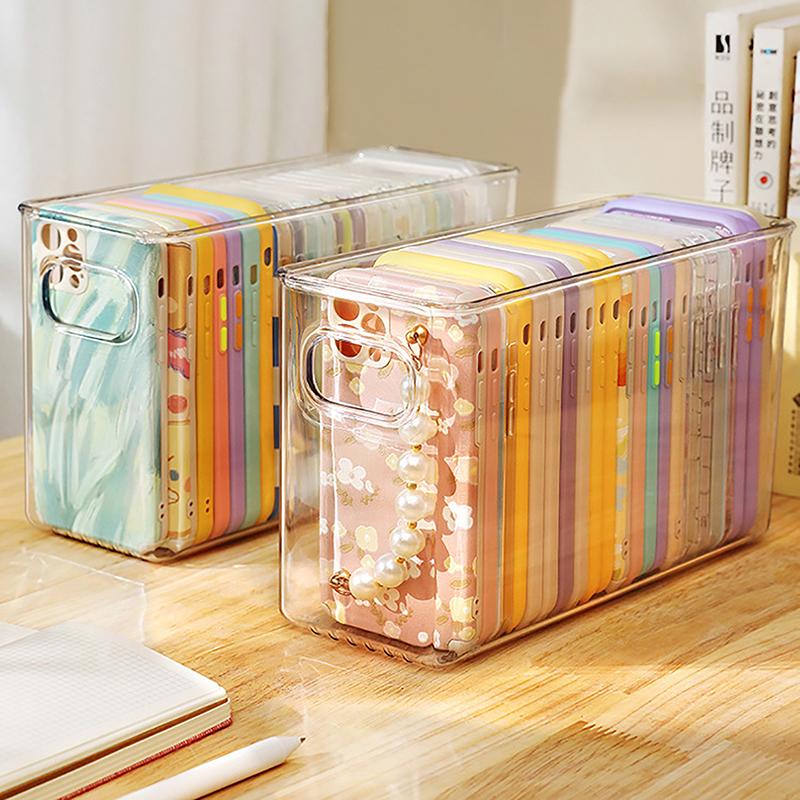 Product Introduction of Ins Transparent Phone Case Organizer Storage Box Desktop Acrylic Sundries Storage Basket Cosmetics Small Rack Light Plastic 19