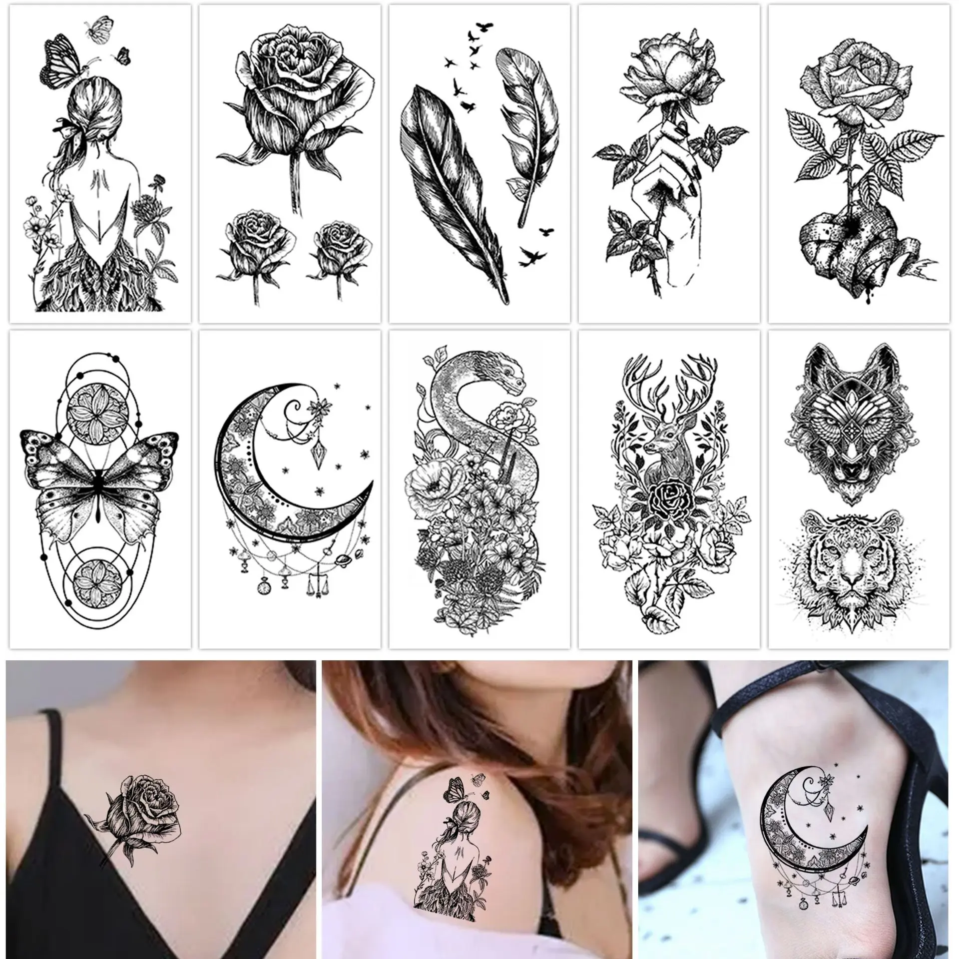 Cross-Border Black and White Flower Waterproof Tattoo Stickers Sexy Female Personality Tattoo Stickers Disposable Tattoos In Stock