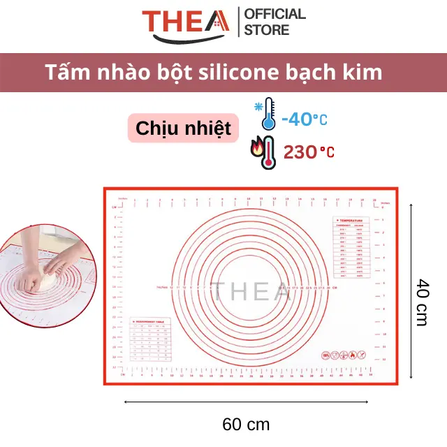 Thảm nhào bột silicone bạch kim làm bánh, tấm lót nhào cán bột chống dính 50x40cm, 60x40cm. 40x30cm - THEA
