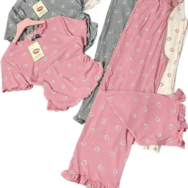 LIVE2055 Bộ đồ Lai Bèo In Mèo Full Hàng Việt Nam May - Quần ống suông chất thun gân tâm - Kem Áo Top Nhung Sen