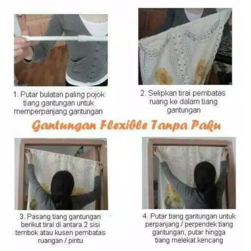 TIANG GORDEN HORDENG PIPA FLEXIBEL TANPA PAKU / GANTUNGAN TIRAI KAMAR MANDI SHOWER CURTAIN ROD 7