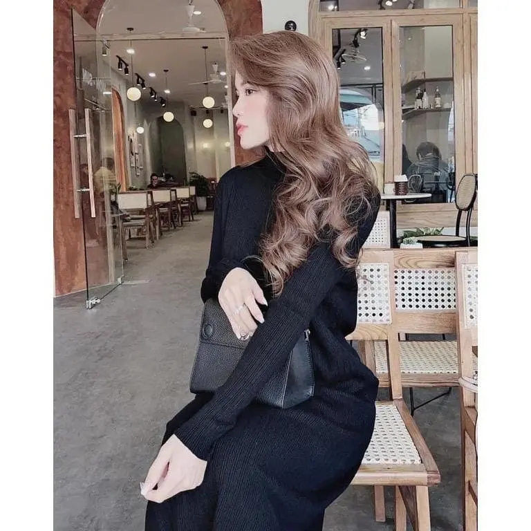 đầm bầu TKUTRANG CHẤT  len thun gân phong cách Hàn Quốc T-rang sang chảnh Váy bầu dài tay đi tiệc đám cưới dáng suông 2