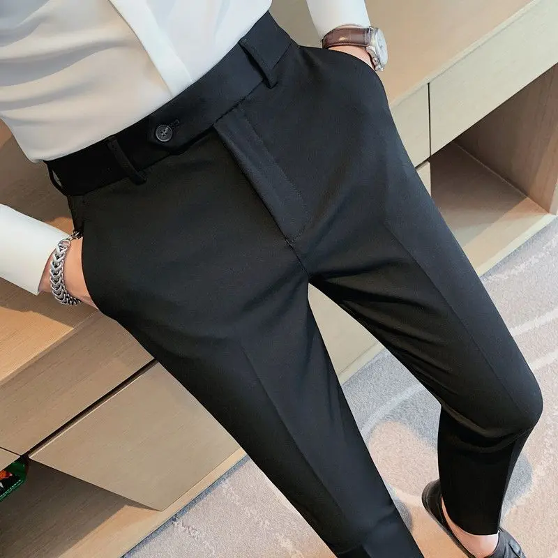 Bộ Đồ Dài Đến Mắt Cá Chân Cho Nam, Quần Công Sở Dáng Ôm, Trang Phục Trang Trọng, Thường Ngày, Gầy, Mùa Hè, Mỏng, Hiệu Ứng Xếp Nếp