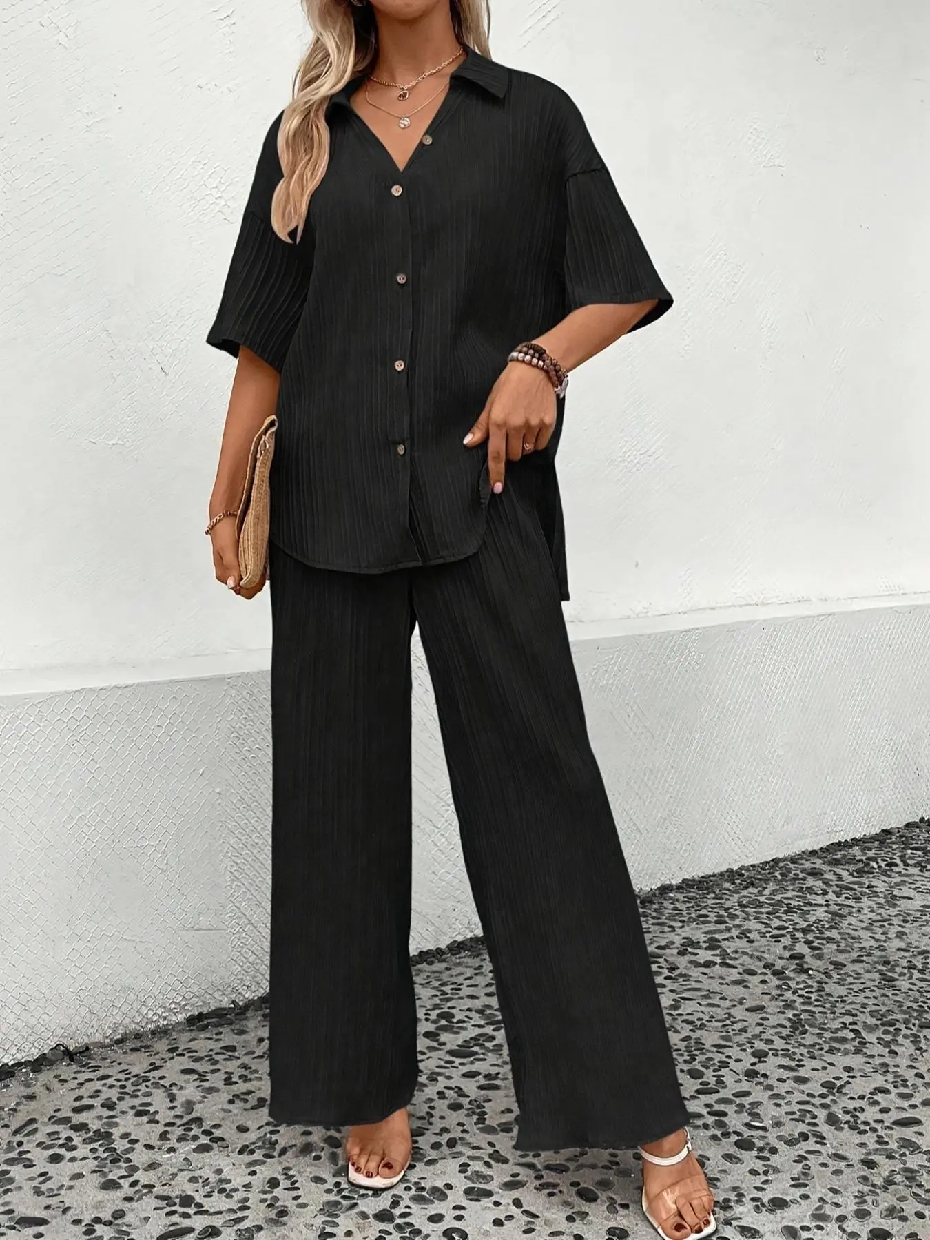 Two-Piece Set Women's Textured Button Front Shirt & Wide Leg Pants, Elegant Drop Shoulder Collared Top & High Waist Trousers for Daily Wear, Ladies Two-piece Outfits for All Seasons