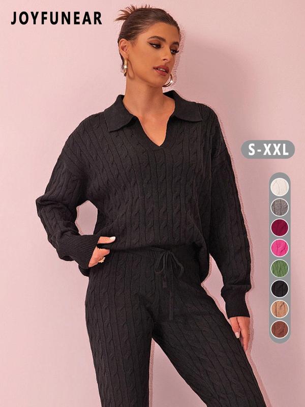 Two-piece Set Women's Solid Color Twisted Texture Drop Shoulder Sweater & Drawstring Waist Pants, Casual Fashion Cozy Knitwear Set for Daily Outdoor Wear, Outfits 2 Piece Set, Women Knitwear for Fall & Winter 1