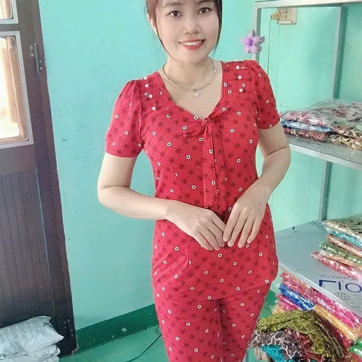 Đồ bộ thun may sẵn quần dài ống ôm,cổ tròn có nơ cột 7