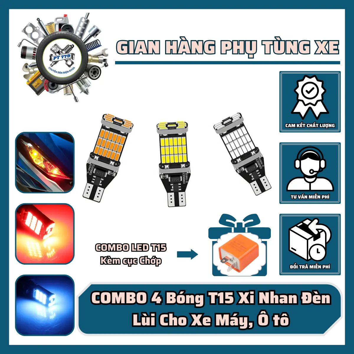 COMBO 4 Bóng T15 Xi Nhan Đèn Lùi Cho Tất Cả Dòng Xe Máy, Ô tô Kèm Cục Chớp Tăng Chỉnh