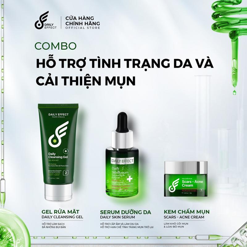 Combo 3 Sản Phẩm Làm Sạch Da, hỗ trợ tạm biệt Mụn và Dưỡng Phục Hồi Da Căng Mịn Khỏe Mạnh DAILY EFFECT (sữa rửa mặt 120ml, serum cấp ẩm & làm dịu da 30ml, kem chấm mụn 10g) Skincare Nữ 0