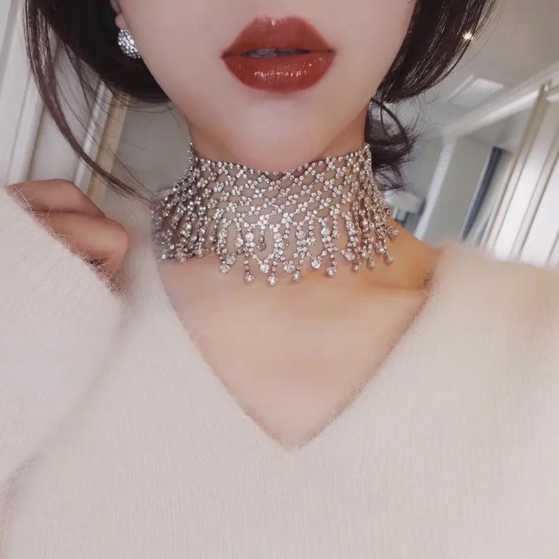 Tassel Rhinestone Sexy Choker Bridal Accessories European and American Exaggerated Full Diamond Versatile Necklace Retro New Product