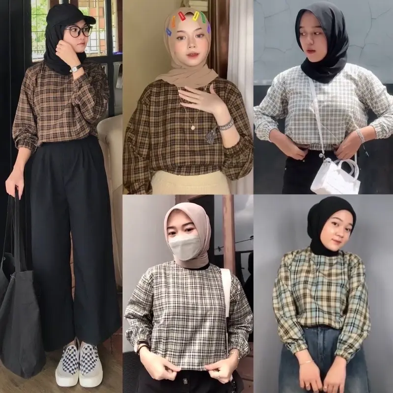 Blouse Tartan Crop Top Baju Wanita Lengan Balon Nyaman Fit Panjang