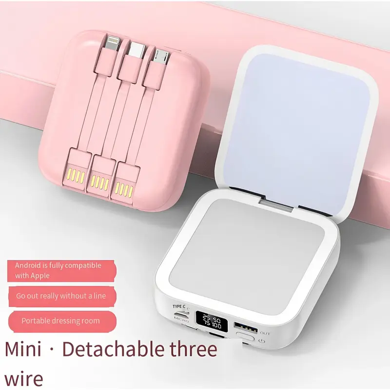 Powerbank Chính Hãng, Dung Lượng 50000mAh, Kích Thước Nhỏ, Có Gương Trang Điểm, Sạc Tích Hợp 4 Dây 3