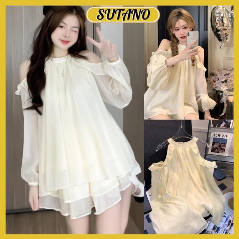 Set áo voan tơ bèo cổ yếm hở vai phối quần short dáng xòe 2 lớp bánh bèo tiểu thư B182 SUTANO