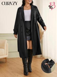 CURVZY Plus Size Solid Double Button Pocket Belted PU Leather Trench Coat, Casual Long Sleeve Lapel Neck Outerwear for Spring & Fall, Women's Clothes for Daily Wear
