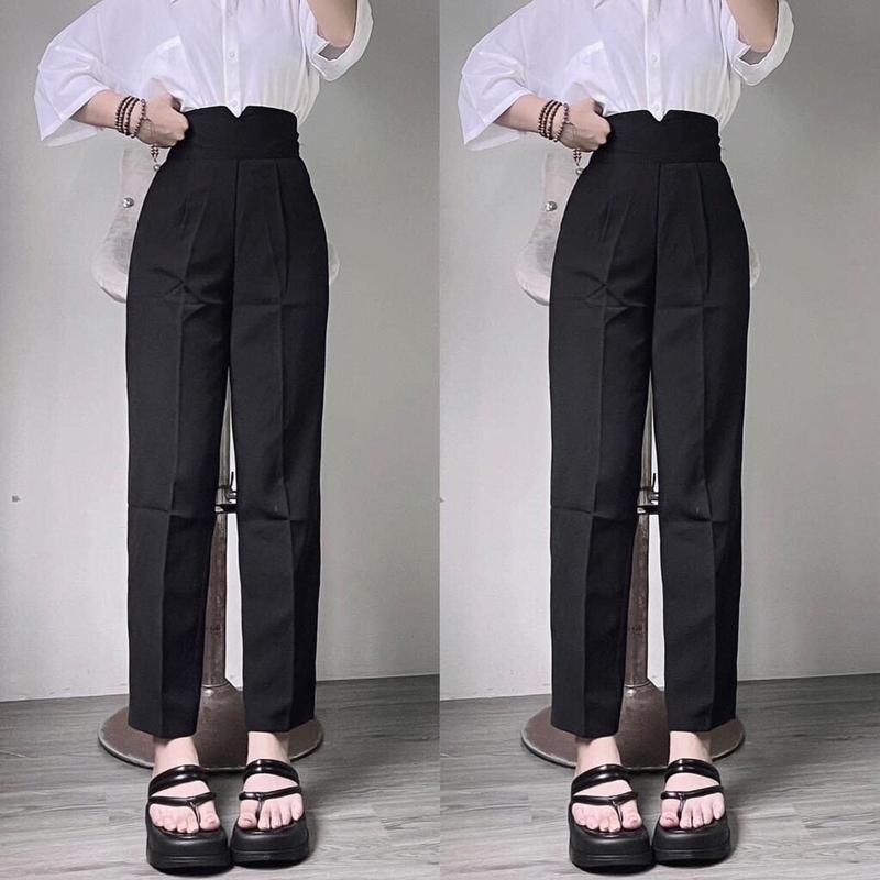 Quần tây nữ lưng cao cạp V màu Đen dáng quần baggy cạp cao nữ đi học công sở vải tuyết mưa dày dặn đáy cao Women Pants