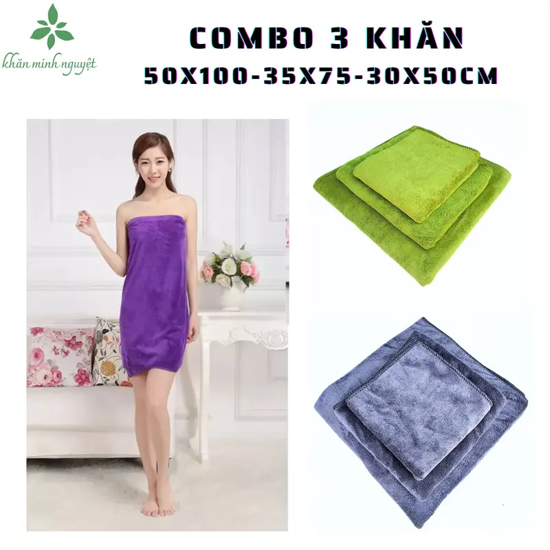 Combo 3 khăn tắm, gội, mặt KT: 50x100cm, 35x75cm, 30x50cm: khăn mềm mịn, siêu thấm hút 0