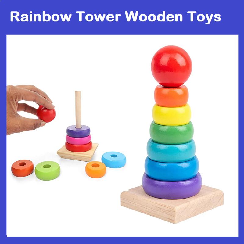 Rainbow Tower Wooden Toys Sorting Stacking Rings Building Puzzles Toys Kids Children Educational Learning Shape