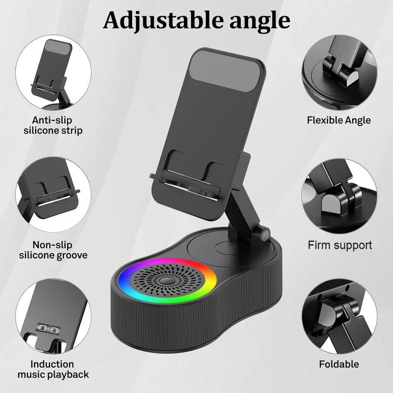 Wireless Induction Audio Bluetooth Speaker, 5in1 Phone Holder, Emergency Rechargeable (4000mAh) with Colorful Ambient Light Foldable for Tablet iPhone Android, Gifts for Men Women, White, Smartphone 5