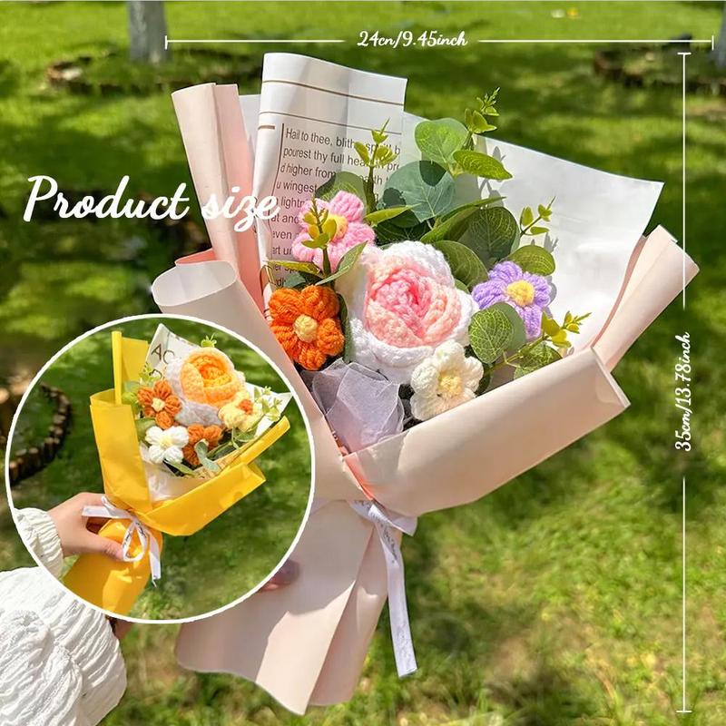 1 Count Artificial Hand Crochet Flowers Bouquet, Hand Woven Rose Flower Bouquet, Faux Knitted Sunflower Flower for Birthday Anniversary, Finished Artificial Flowers Home Decor Gift with Gift Bag 2