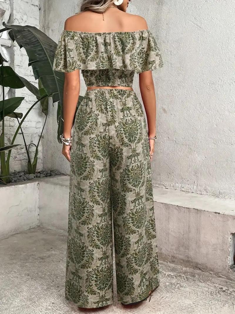 Product Introduction of Women's All Over Print Off Shoulder Top & Wide Leg Pants Set, Casual Fashion Two-piece Set for Summer, Women's Clothing for Daily Wear 2