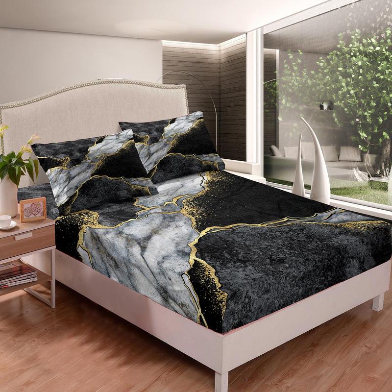 1 Count Marble Print Fitted Sheet & 2 Counts Pillowcase Set without Filler, Soft Comfortable Bedding Set, Bedding Supplies for Home Bedroom & Hotel, Christmas Gifts, Christmas Decorations 6