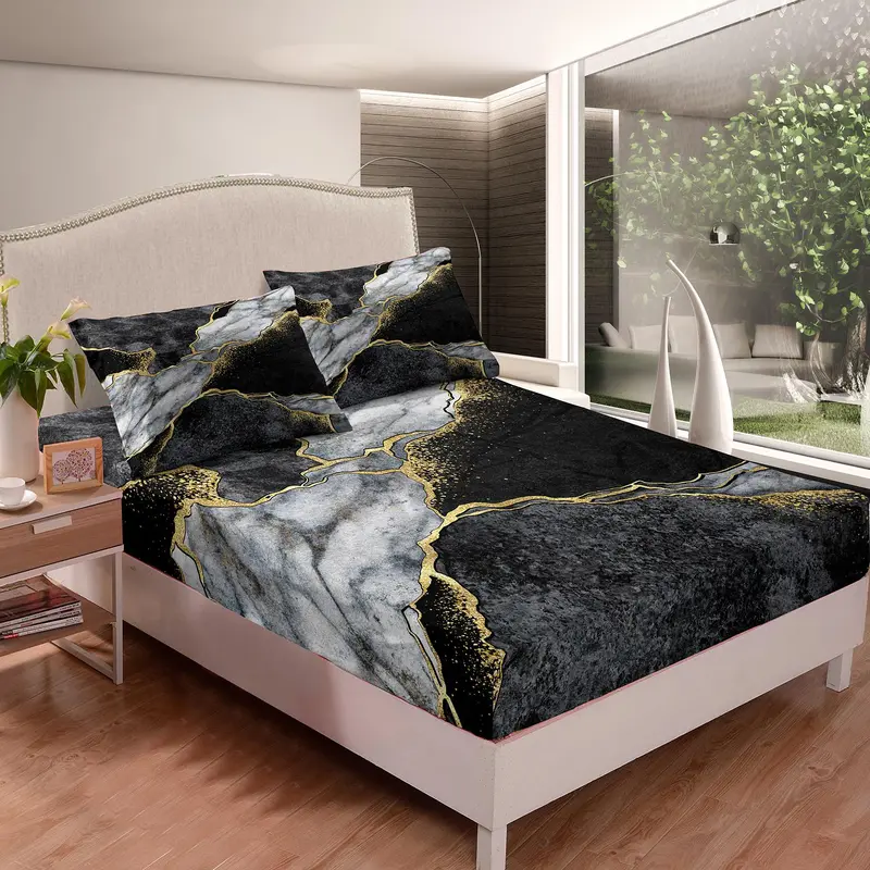 1 Count Marble Print Fitted Sheet & 2 Counts Pillowcase Set without Filler, Soft Comfortable Bedding Set, Bedding Supplies for Home Bedroom & Hotel, Christmas Gifts, Christmas Decorations 4