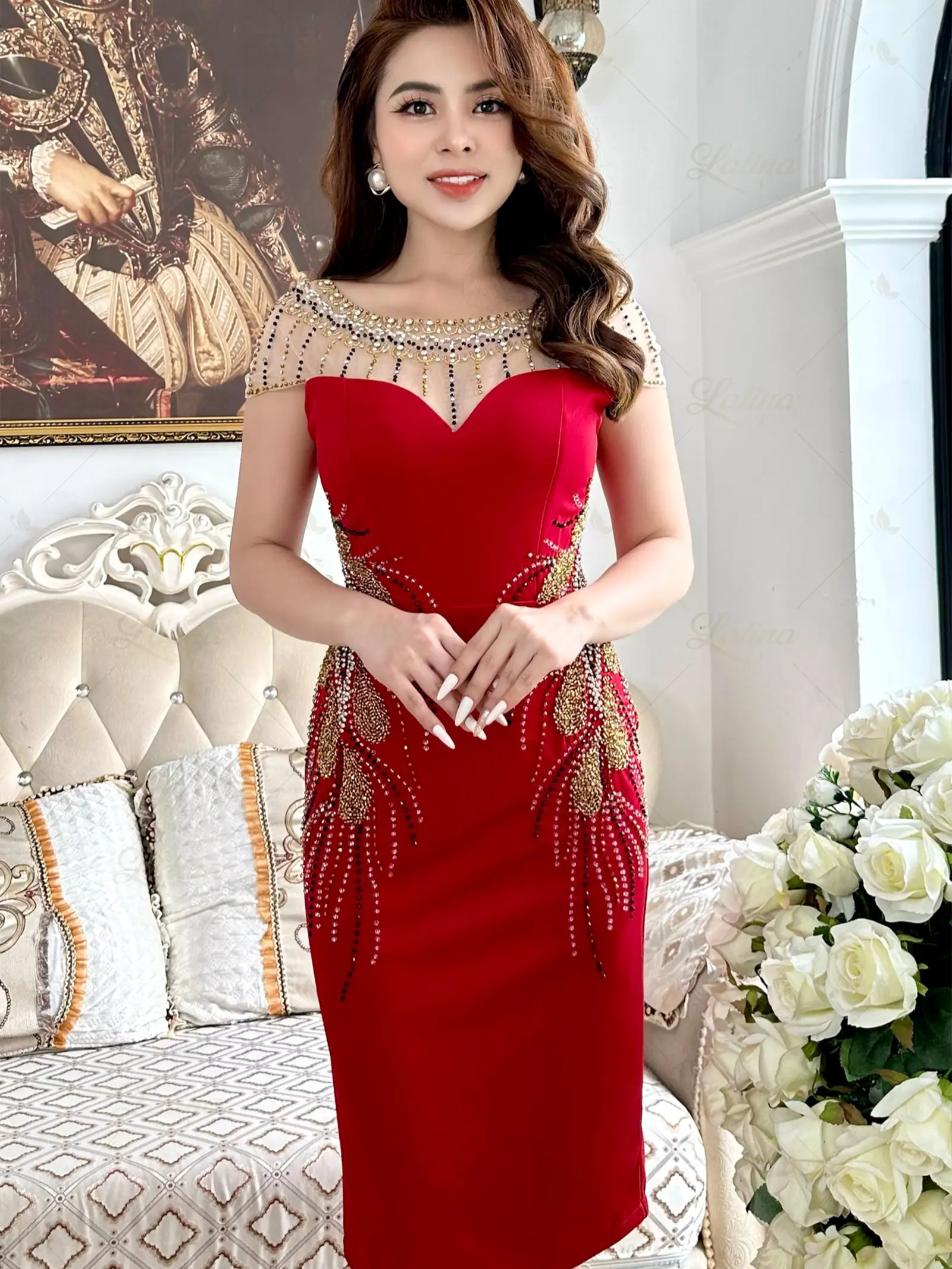 CECELIA - 5065 - ĐẦM TIỆC BODY HỌA TIẾT HIỆN ĐẠI