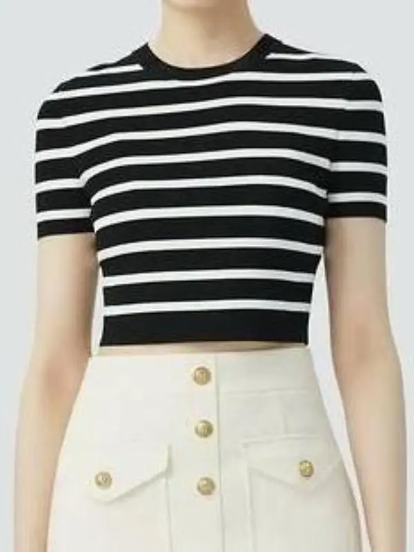 Women's Stripe Pattern Short Sleeve Crop Knit Top, Casual Comfy Fashion Round Neck Knitwear for Indoor Outdoor Wear, Ladies Clothes for All Seasons 2