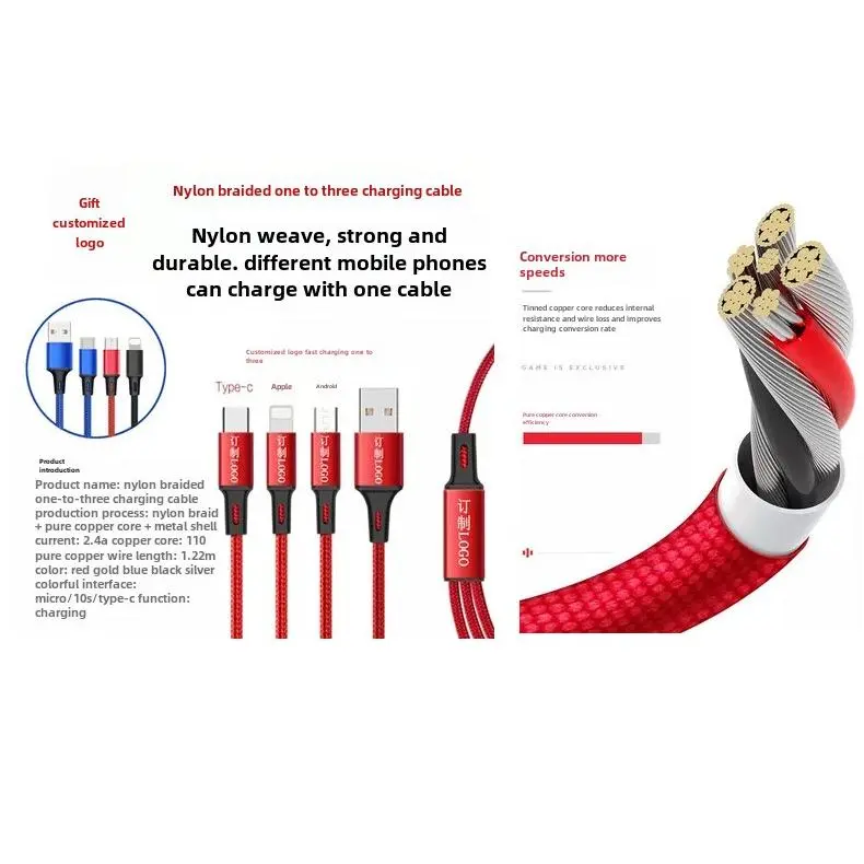 Cáp dữ liệu một đến ba, Thích hợp cho Apple, Android và typec, Sạc nhanh 3 trong 1, 1,2 mét, bện nylon Sạc Điện Thoại