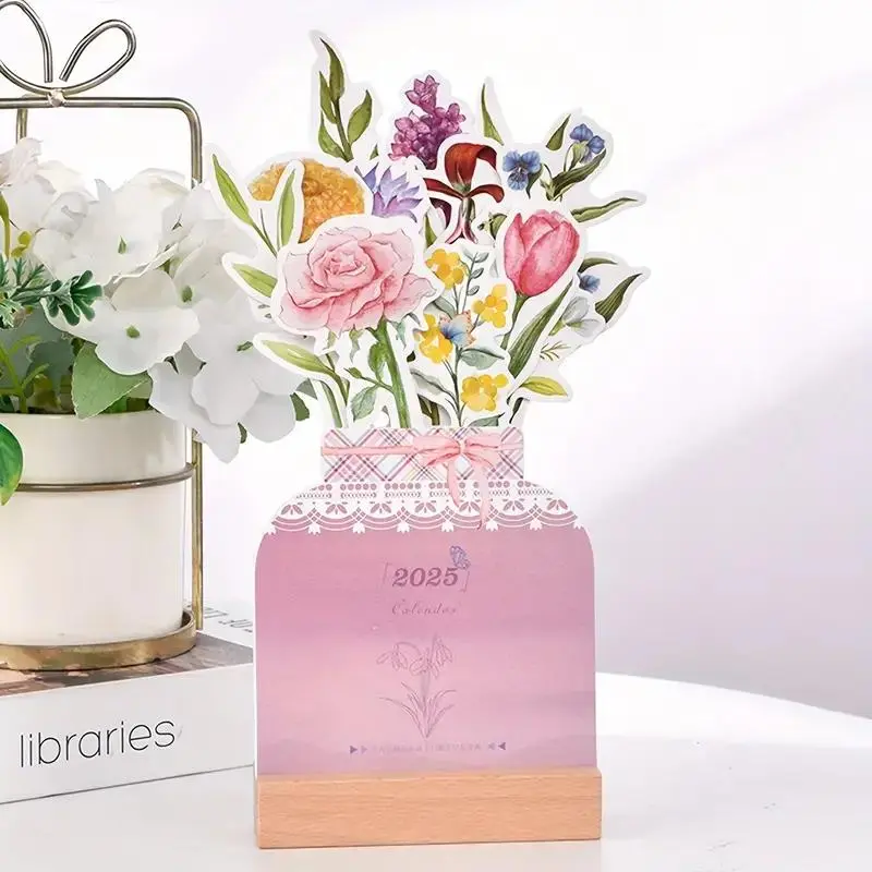 2025 Flower Themed Desktop Calendar, 1 Count Creative Desktop Calendar with Wooden Base, Office Stationery & Supplies