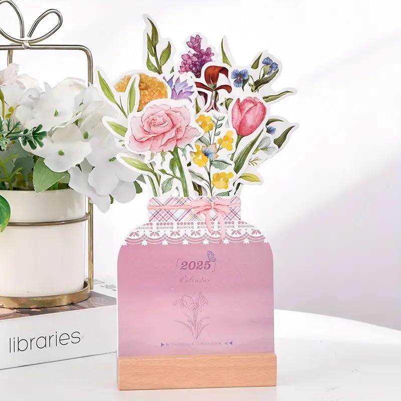 Product Introduction of 2025 Flower Themed Desktop Calendar, 1 Count Creative Desktop Calendar with Wooden Base, Office Stationery & Supplies 0