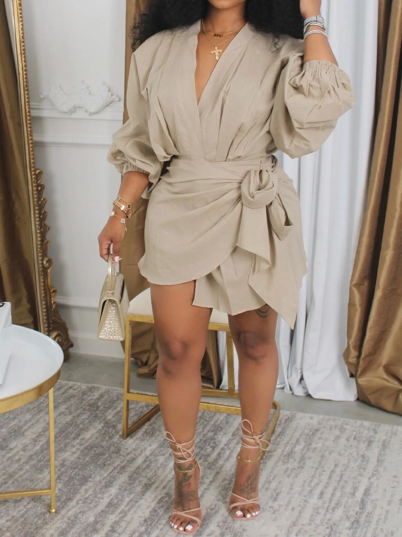 Women's Plain Tie Side Wrap V Neck Dress, Summer Dresses 2025, Elegant Bishop Sleeve Mini Dress for Party Holiday Wedding Guest, Ladies Clothes for All Seasons, Sassyclassyclothing