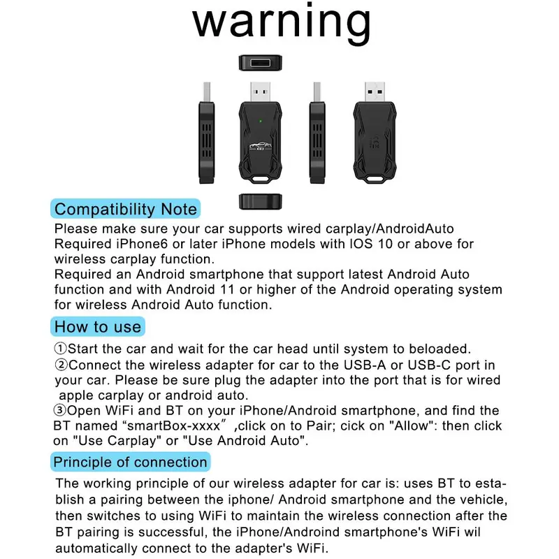 Wireless Car Adapter, Car Wireless Adapter, Plug & Play Car Adapter, Compatible with iPhone & Android, Support Car Original Control 2