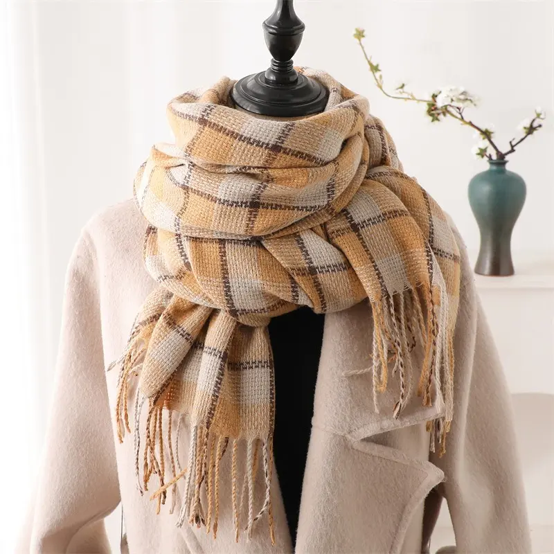 Khăn Quàng quàng cổ Giả Cashmere Kẻ Sọc Tua Rua, Dành Cho Nữ, Mùa Thu Và Mùa Đông, Thời Trang Và Dễ Phối Đồ Dài Trung Bình Ấm Áp, Thích Hợp Cho Các Cặp Đôi, WT-12, Hàng Mới Về Khăn Choàng Choàng Cổ 7