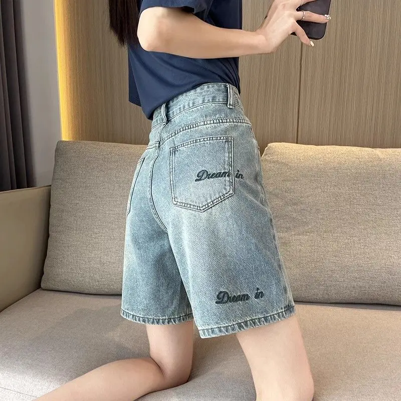 Denim Shorts Women's Summer Thin Embroidered American Hot Girl High Waist Mid-Length Pants 2024 New