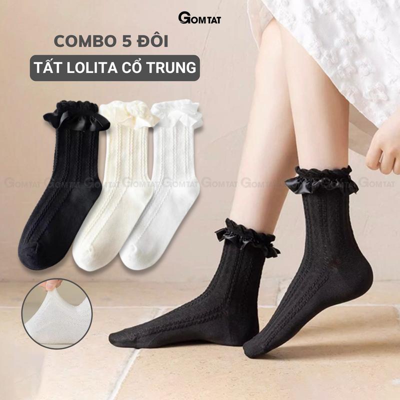 Combo 5 đôi tất lolita nữ cổ trung GOMTAT chất liệu polyester mềm mịn thiết kế viền ren dễ thương - HOT-1802-CB5