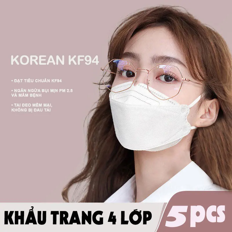 Khẩu trang y tế KF94 kiểu hàn quốc màu trắng kháng khuẩn 4 lớp tiêu chuẩn gói 5 chiếc