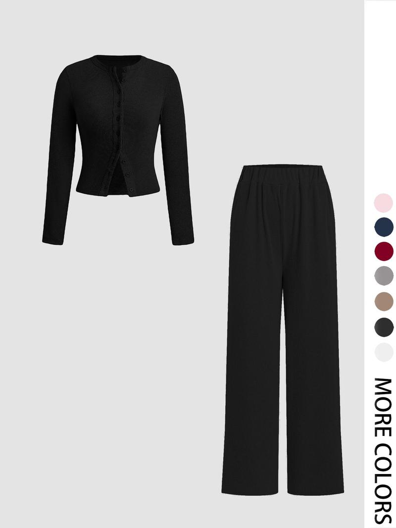 Product Introduction of Two-piece Set Women's Solid Button Front Ribbed Crop Top & Elastic Waist Pants, Casual Long Sleeve Round Neck Top & Trousers 2 Piece Set for Spring & Fall, Women's Clothes for Daily Wear, Sassyandclassyclothing 8