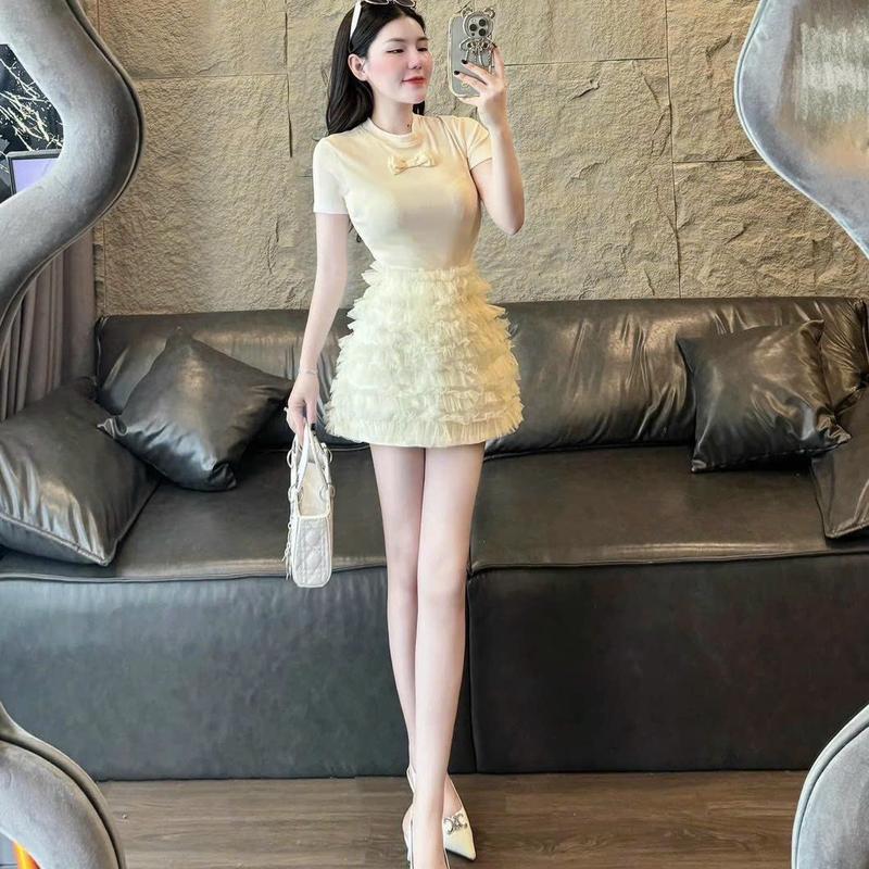 Set áo tăm lạnh ôm body đính nơ mix chân váy tầng bèo xinh dể thương mẫu mới đáng yêu Nữ 4