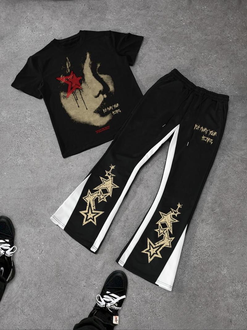 Product Introduction of Men's Star Print Tee & Pants Set, Regular Fit Casual Fashion Short Sleeve T-shirt & Trousers for Daily Outdoor Wear, Men's Clothes for Spring & Fall 5