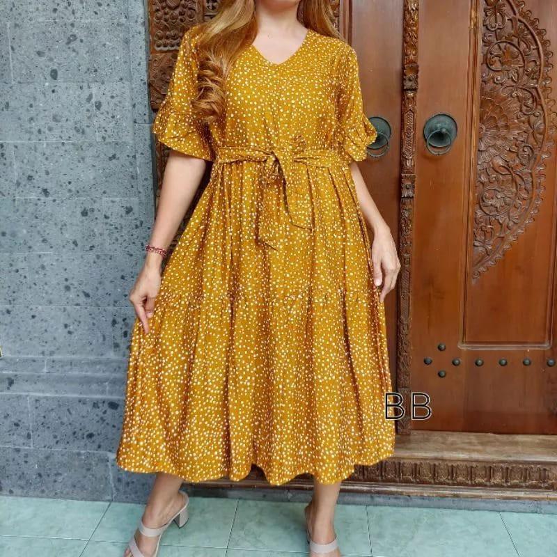 Product Introduction of DRESS JENIMA JUMBO LD 120CM  MOTIF TERBARU POLKADOT Fit Baju Bumil Busui  Rayon Wanita Ibu Hamil MOTIF POLKADOT Kuning Kancing 2