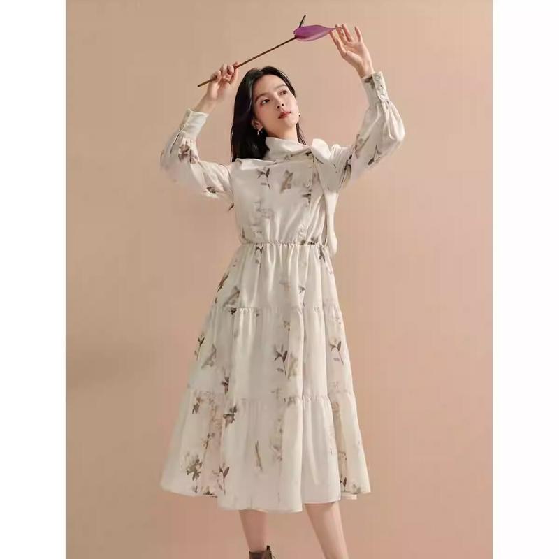 CHICMORE Gaun wanita rok midi kerah pita bunga pinggang tinggi - Shop ...