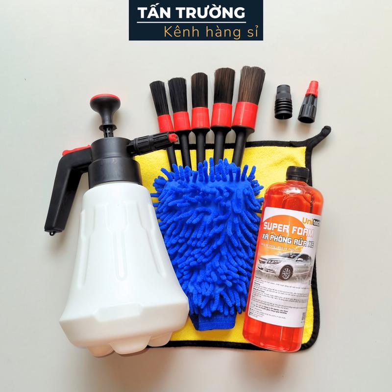  COMBO BÌNH TẠO BỌT TUYẾT 11 MÓN Rửa Xe  Bình 2L 2 đầu xịt Xà bông Super Foam F80  5 cây cọ găng san hô khăn 3M  