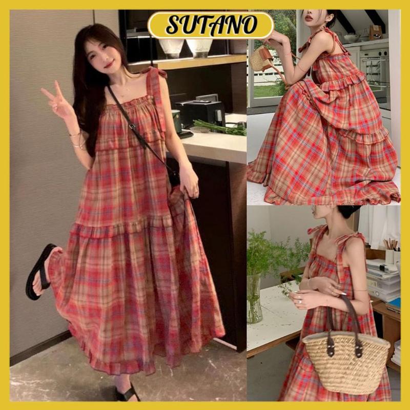 Váy hai dây kẻ đỏ vintage dáng dài babydoll,đầm 2 dây maxi đi biển mùa hè chất kẻ đũi thô V14 SUTANO