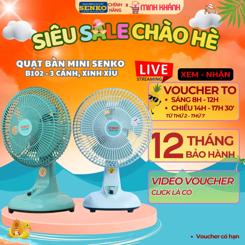 Quạt bàn mini 3 cánh Senko B102 - Nhỏ gọn, êm ái, gió mạnh, màu sắc xinh xắn, dùng cho ít người QuạT Fan 0