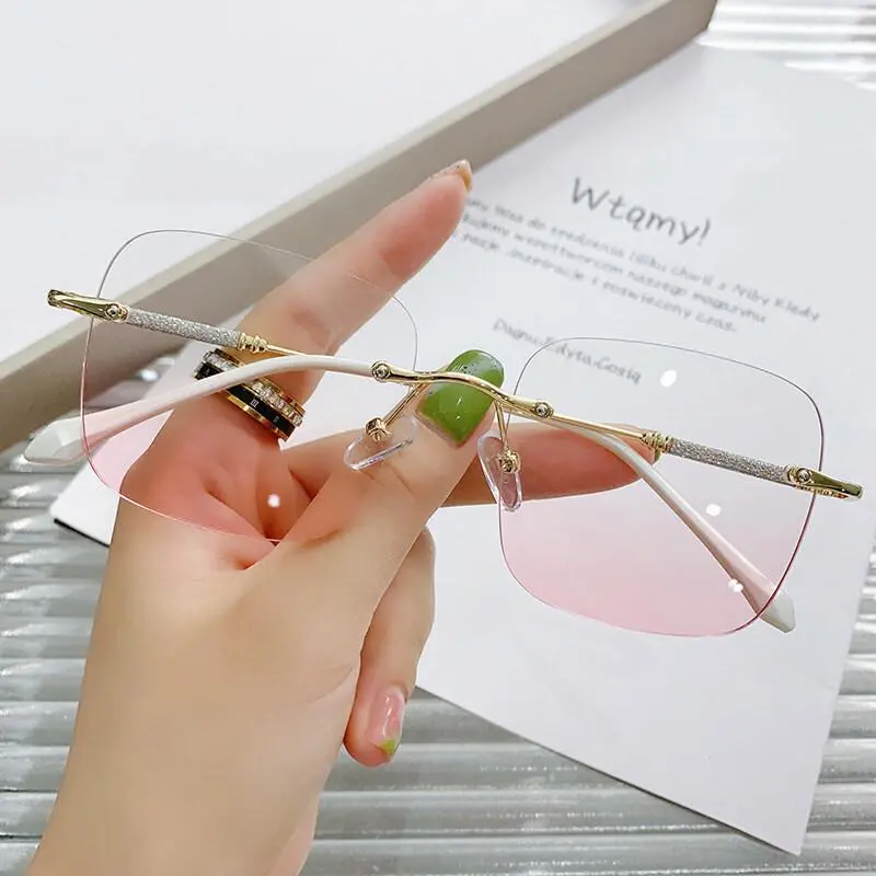 Kính Cận Thị Dành Cho Nữ, Gọng Kim Loại Không Viền, Khung Lớn, Kính Mắt, Kính Má Hồng, Kính Không Đặt Vọng, Thích Hợp Cho Người Cận Thị, PTQ 6