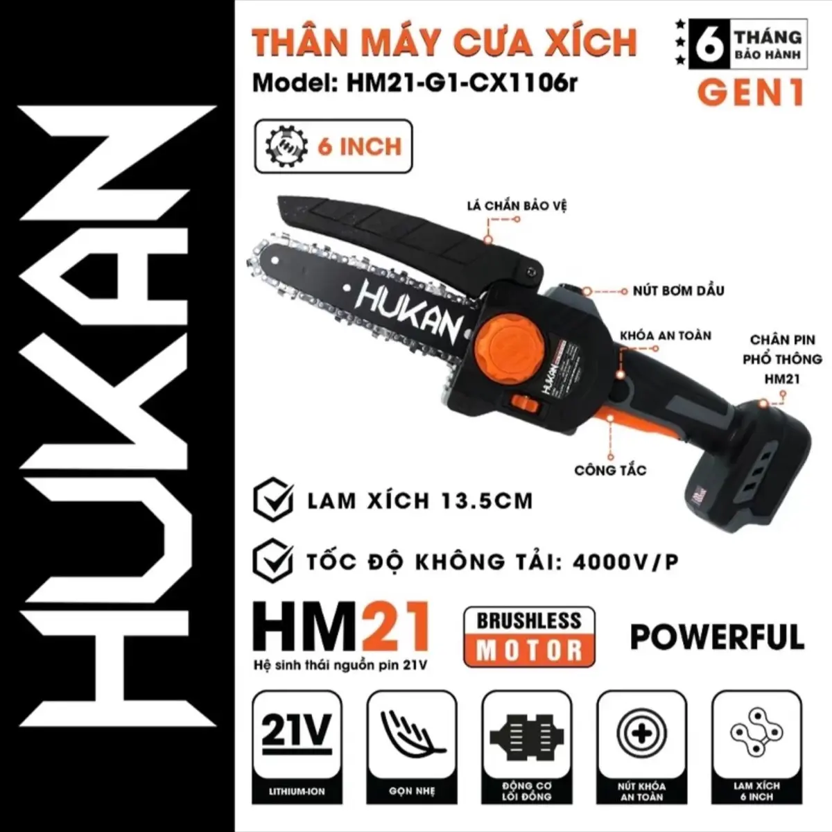 Thân máy cưa xích HUKAN G1-CX1106r 6INCH ,pin phổ thông M21