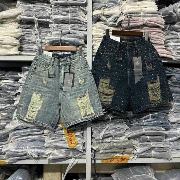 Quần jean đùi ngố đính đá,rách tua,jean không co dãn