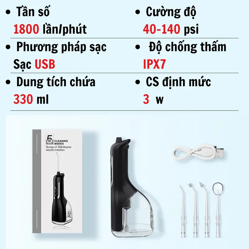 Máy tăm nước cầm tay vệ sinh răng miệng tặng kèm 4 đầu phun, màn hình hiển thị sử dụng cho cả Nữ và nam 2