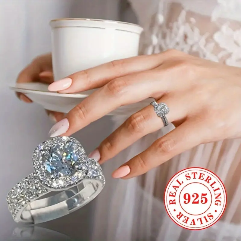 2pcs Women's Ring Set 4.9g S925 Pure Silvery Inlaid Zirconium Ring for Engagement and Wedding Jewelry Accessories 3